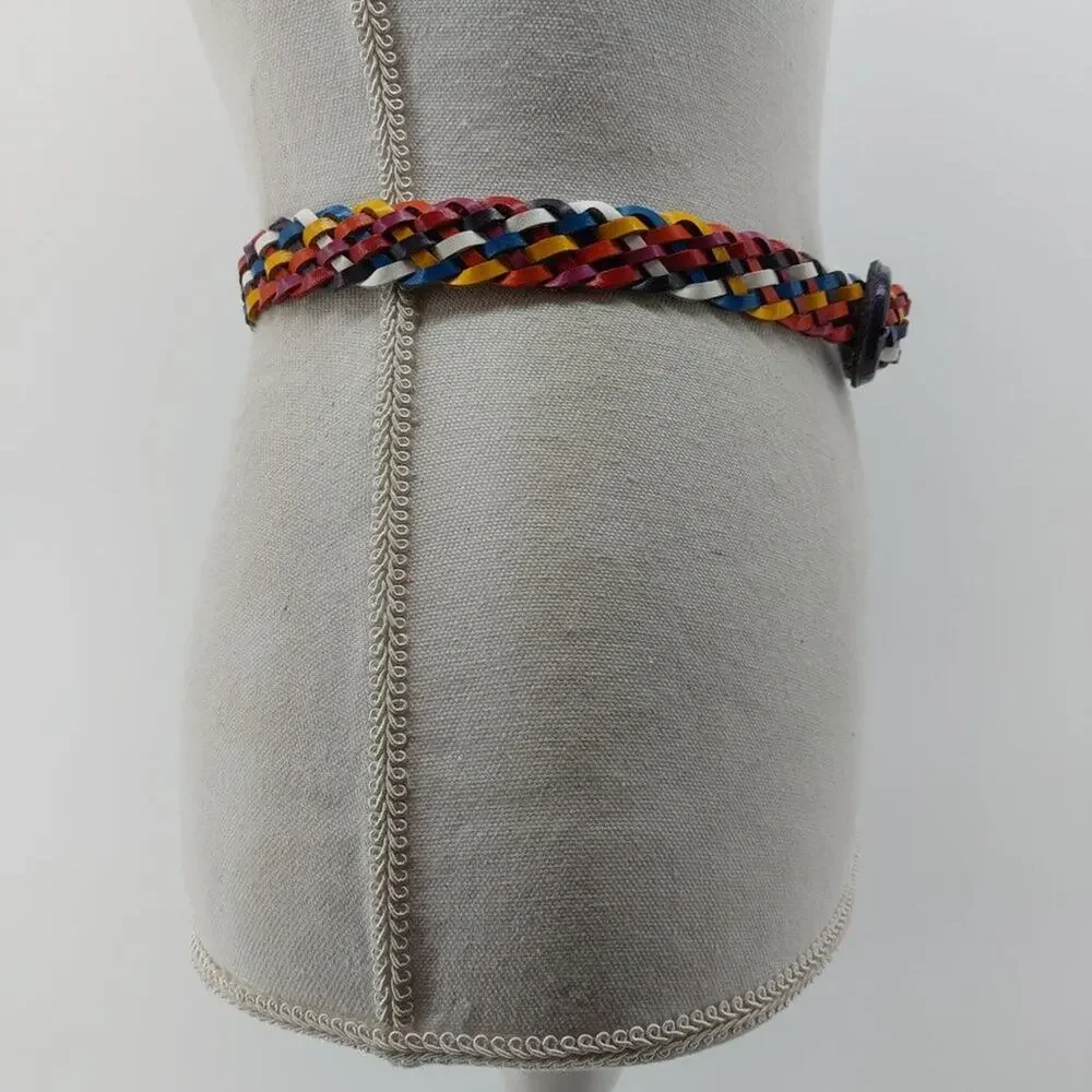Vintage Women's Braided Woven Weaved Multicolored Genuine Leather Belt Size S